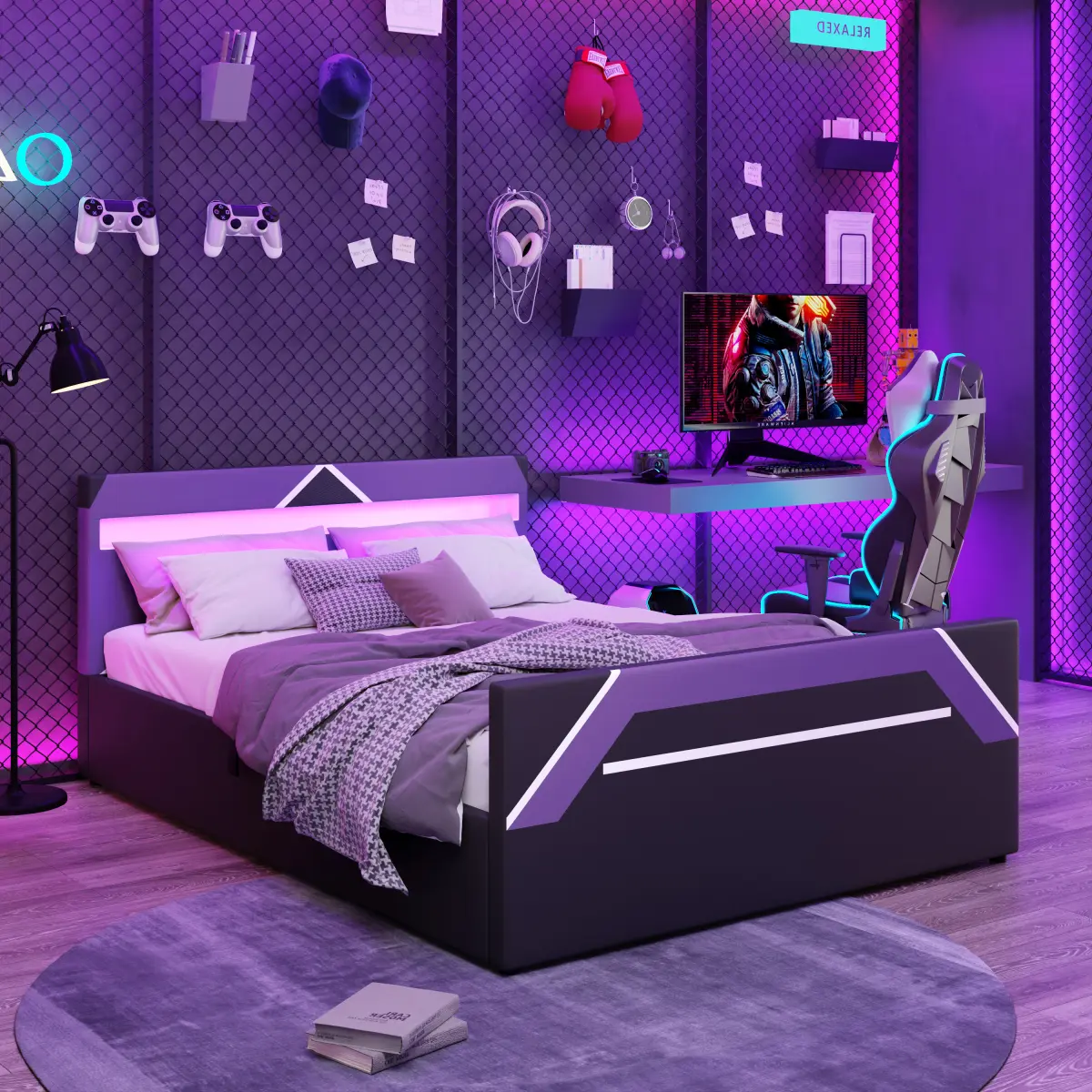 Queen Size Lift Up Storage Bed,Queen Platform Bed, Gaming Bed with Built-in 7-Color LED Lighting Headboard, Side-Lift Hydraulic Storage Platform Bed, Cyberpunk Style, No Box Spring Needed, Black+Purple