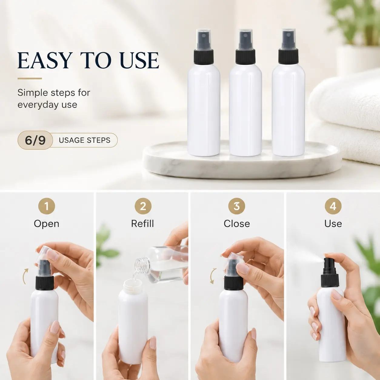 3 Pack 100ML Refillable Spray Bottles, Plastic Bottles with Spray Caps, Ideal for Skincare, Cleaning, and Home Use