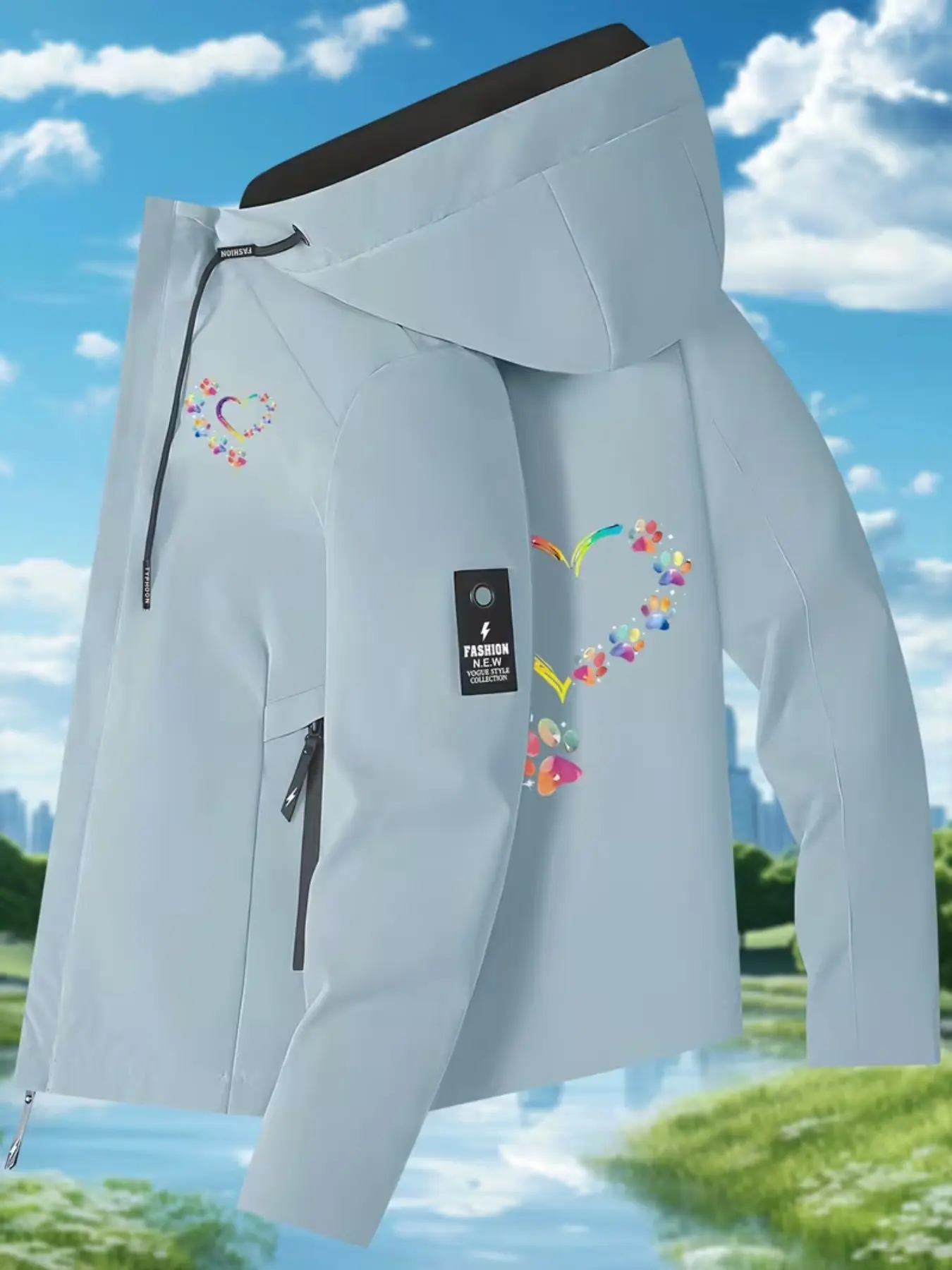 Rainbow Gradient Paw Print Heart Print Jacket for Women, Pet-Friendly Lightweight Breathable Outdoor Jacket, Casual Graphic Style