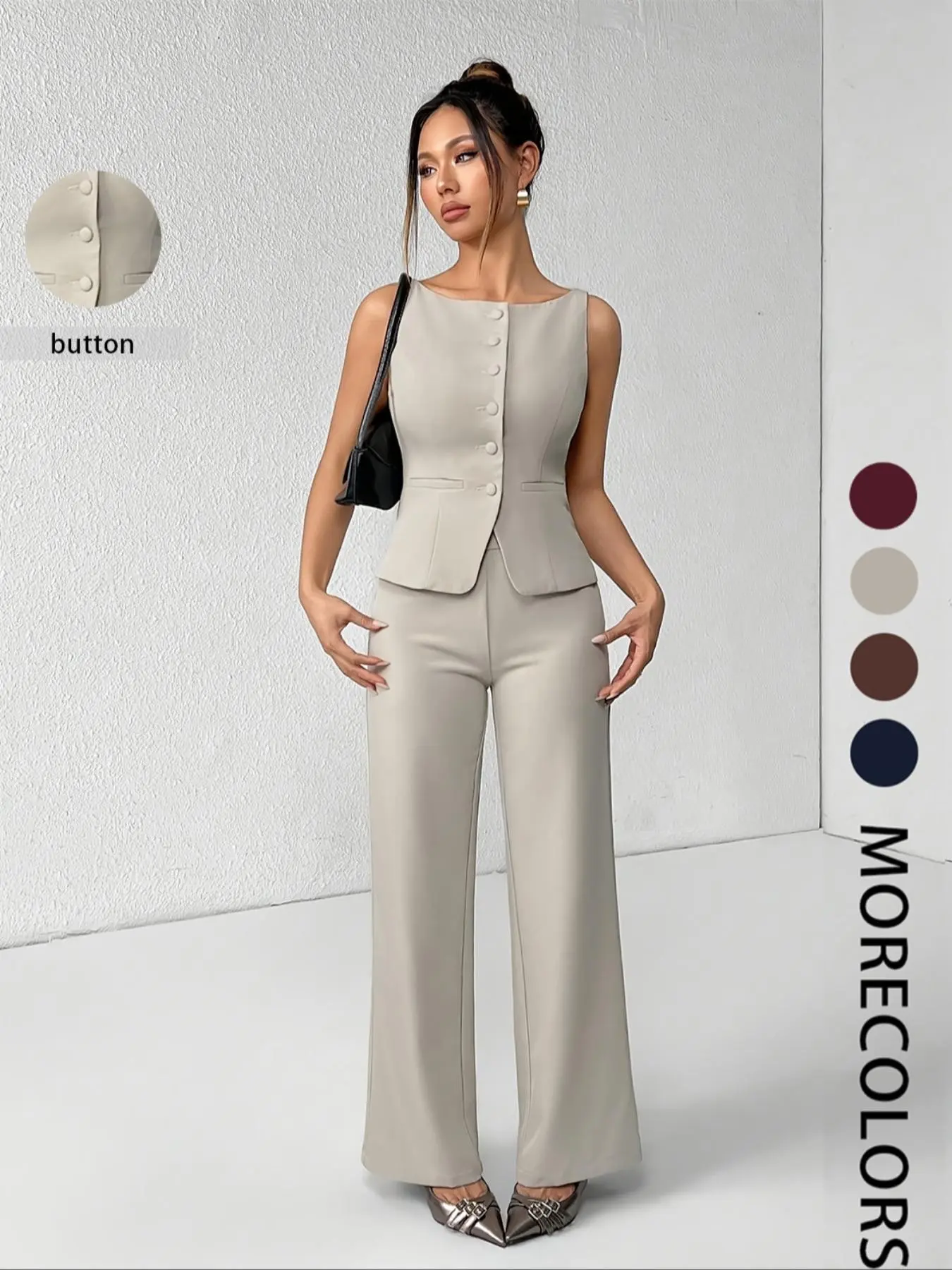 New Pure Color Casual Fashion Women's Two-Piece Button Set, Stylish and Comfortable, Perfect for Daily Wear, Trendy Ladies' Clothing
