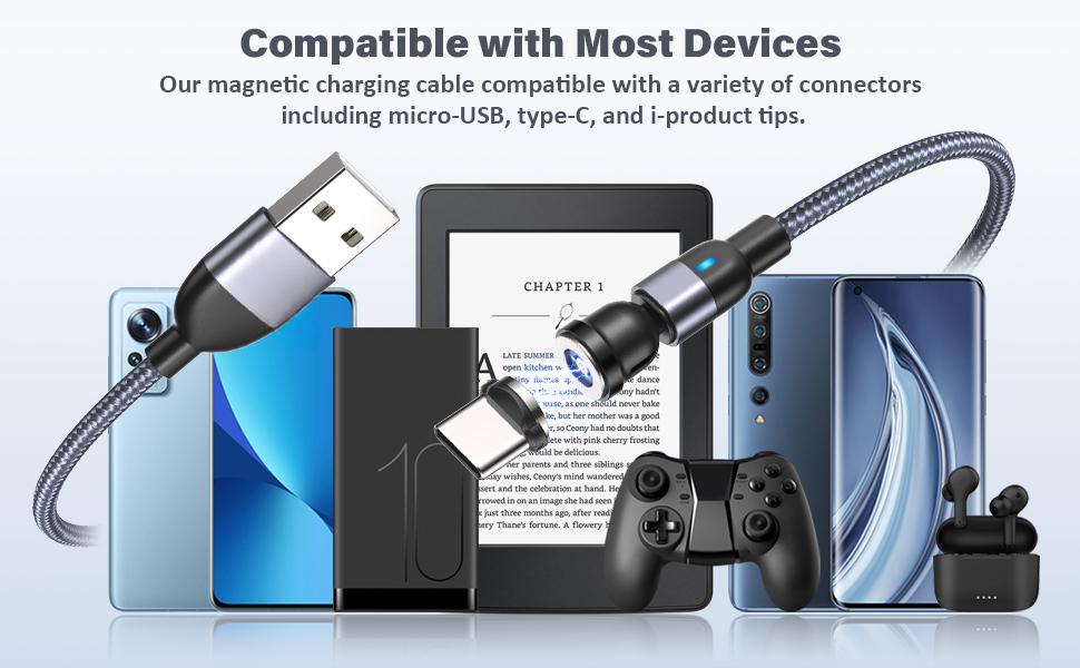 Magnetic Charging Cable 4 Pack (3.3ft/6.6ft/6.6ft/10ft), 540 Degree Rotating Magnet Phone Charger Cable, 3 in 1 Nylon Braided Magnetic USB Cable for Micro,Type C and iProduct Device