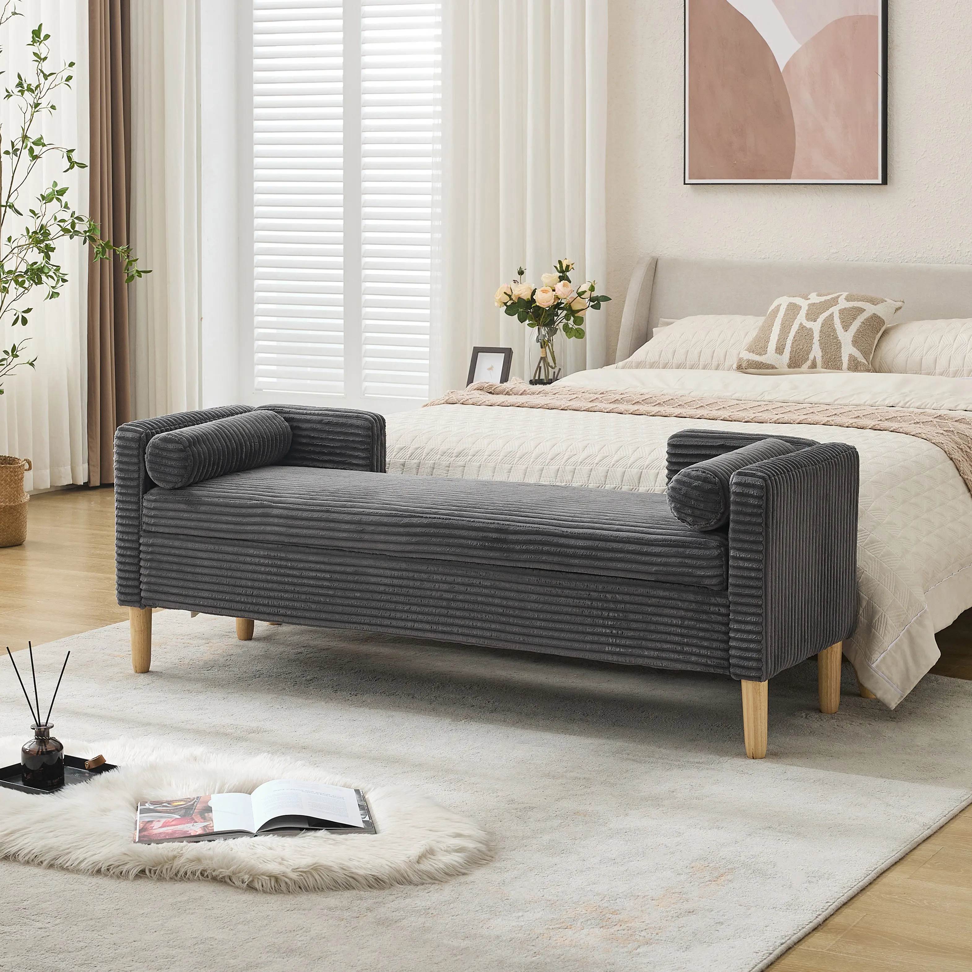 ARCH Upholstered Storage Bench with Flip-Top Lid, Corduroy Footrest Ottoman with Armrests & Backrest, 2 Bolster Pillows, Solid Wood Legs, 350 lbs Capacity, for Living Room, End of Bed, Hallway, Entryway, Charcoal, Charcoal Color Options