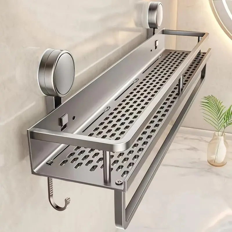Suction Cup Shower Caddy, 1 Set Wall Mounted Storage Rack, Durable Space-Saving Shelf, Rustproof Shower Rack, Bathroom Organizer & Accessories, Bathroom Organizing Accessories
