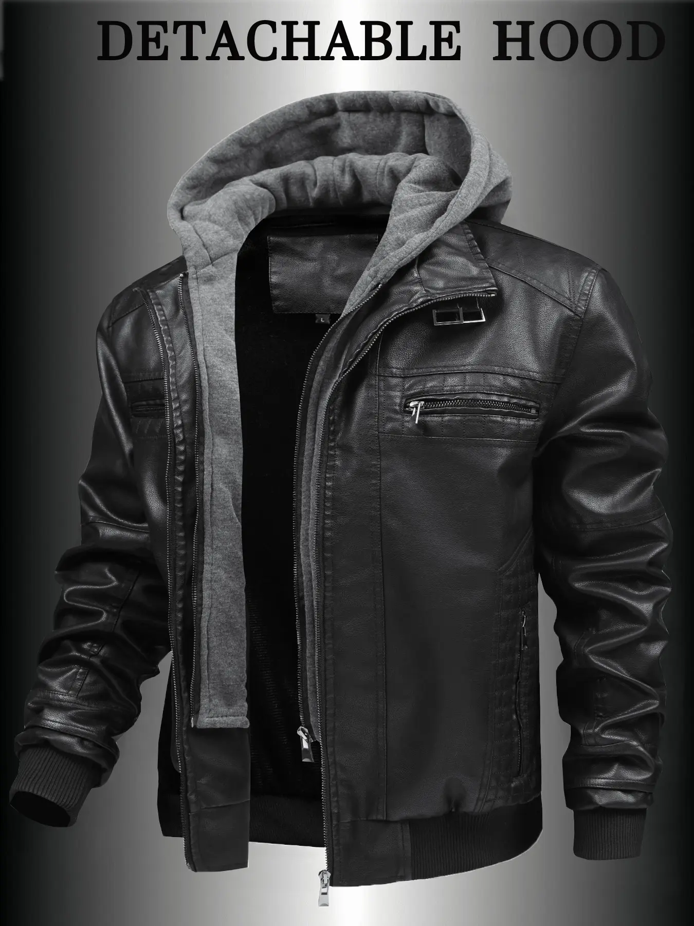 Men's Fashion Motorcycle Leather Jacket, Loose Fit Zipper Decor, Detachable Hat Stand Collar, Outdoor Sports Coat, Fall & Winter