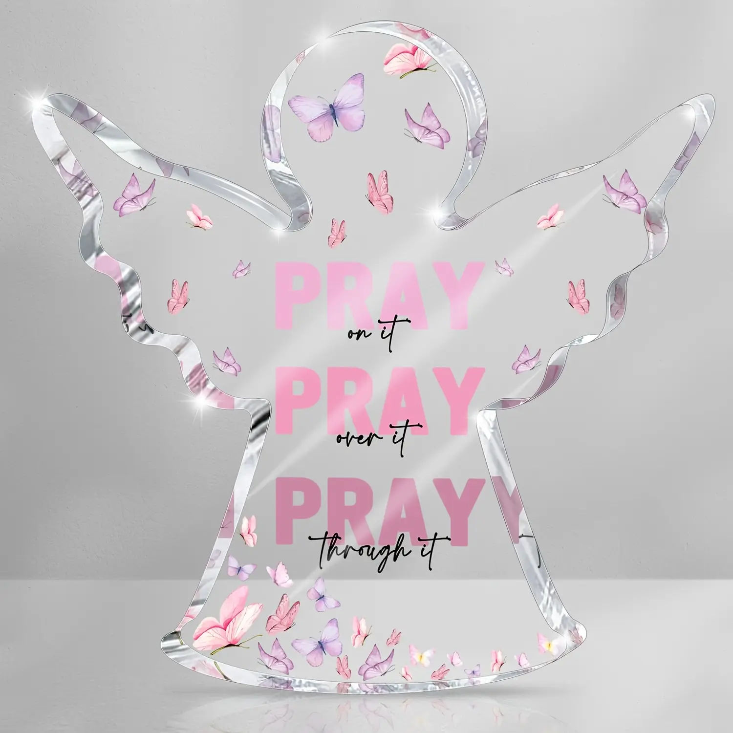 Angel Shape Pray Quote Acrylic Decor, Pink Butterfly Faith Christian Desktop Keepsake