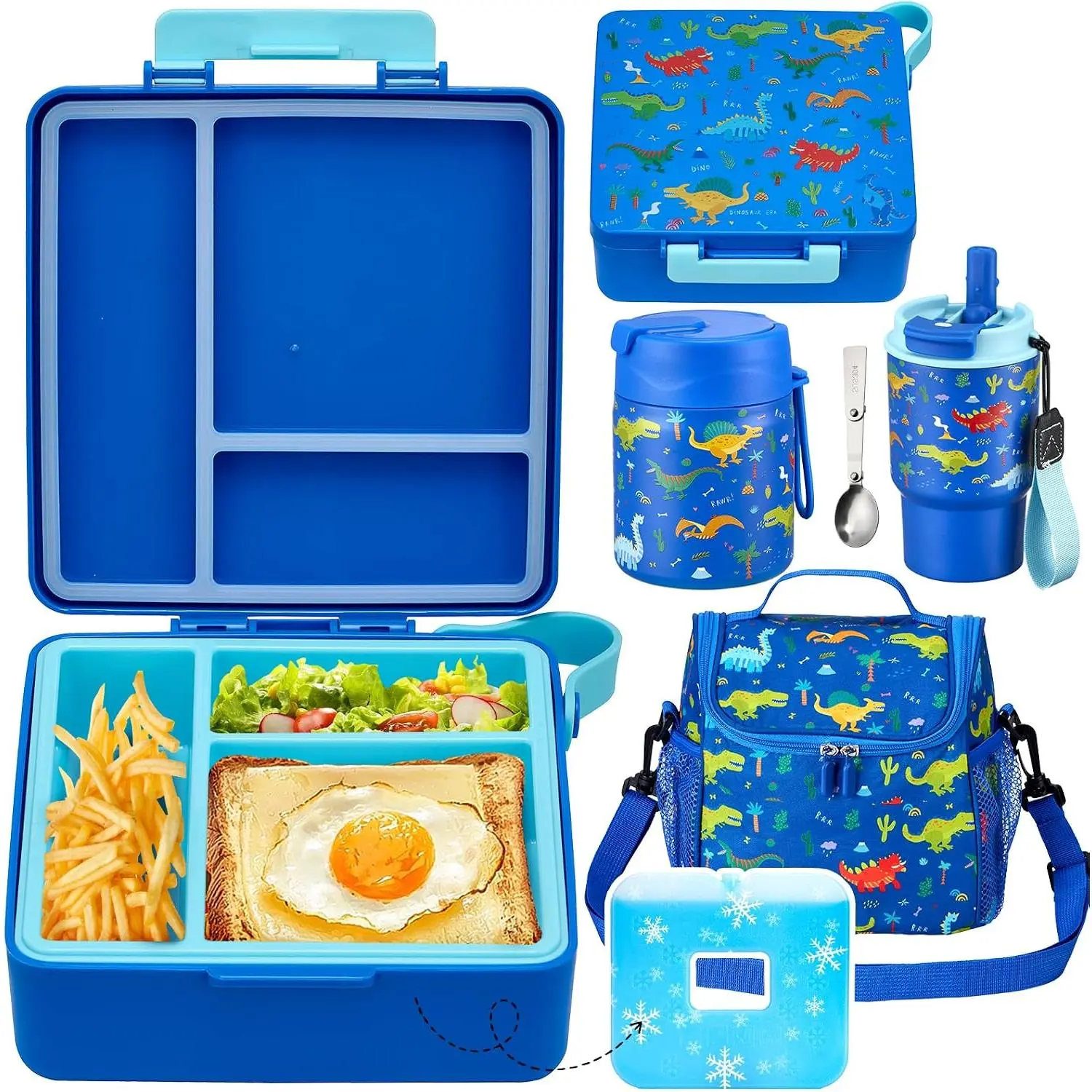 Dinosaur Back to School Lunch Box Set - 17OZ Stainless Steel Leakproof Soup Thermos, Kids Water Bottle, Portable Insulated Lunch Bag with Bento Container for Heat & Cold Preservation (School, Travel), Steel+Plastic
