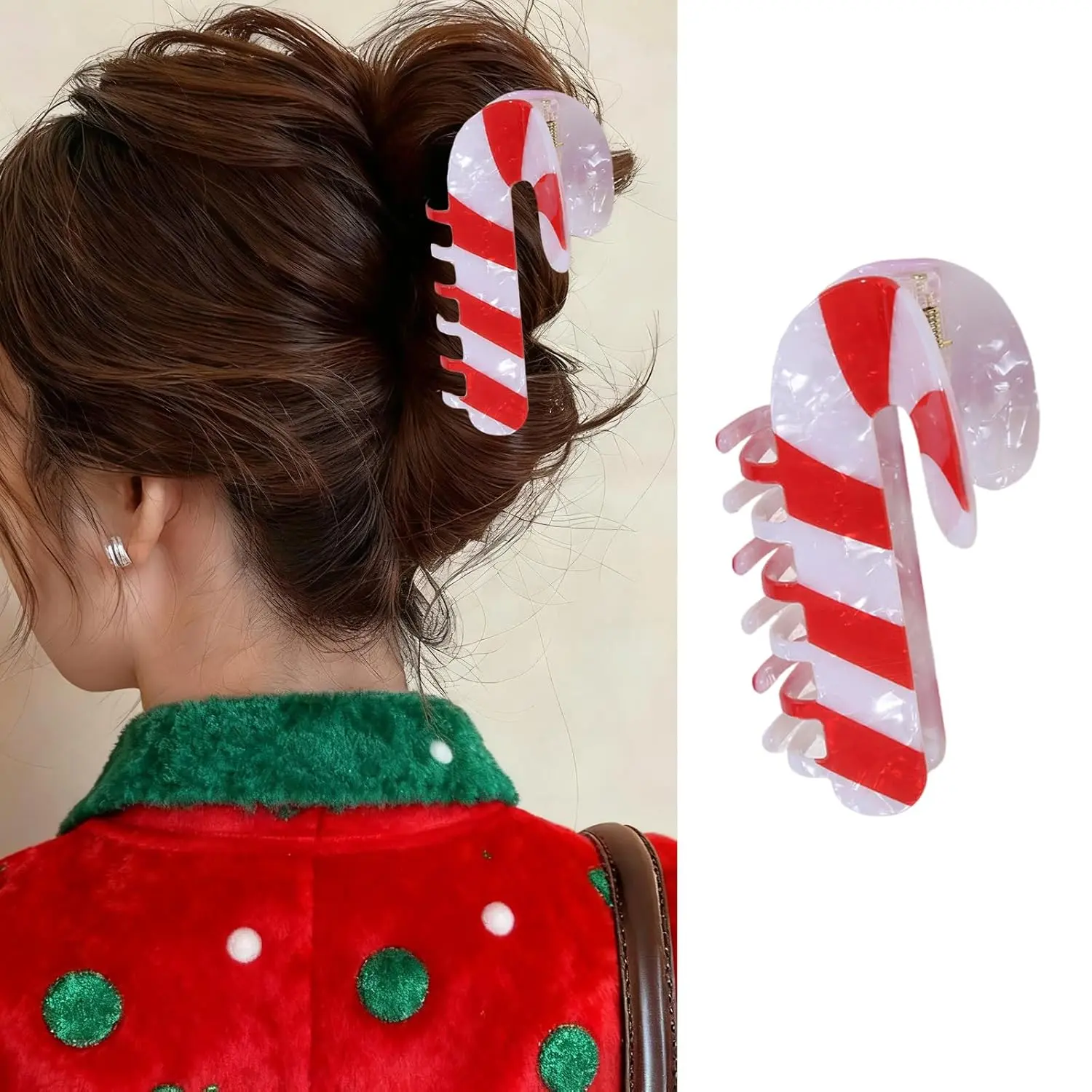 Christmas Hair Claw Clips Candy Canes Hair Clip Acetate Nonslip Hair Barrettes White Red Crutch Design Acrylic Hair Accessories Winter Holiday Strong Hold Jaw Clip  Women Girls Hair Decorations