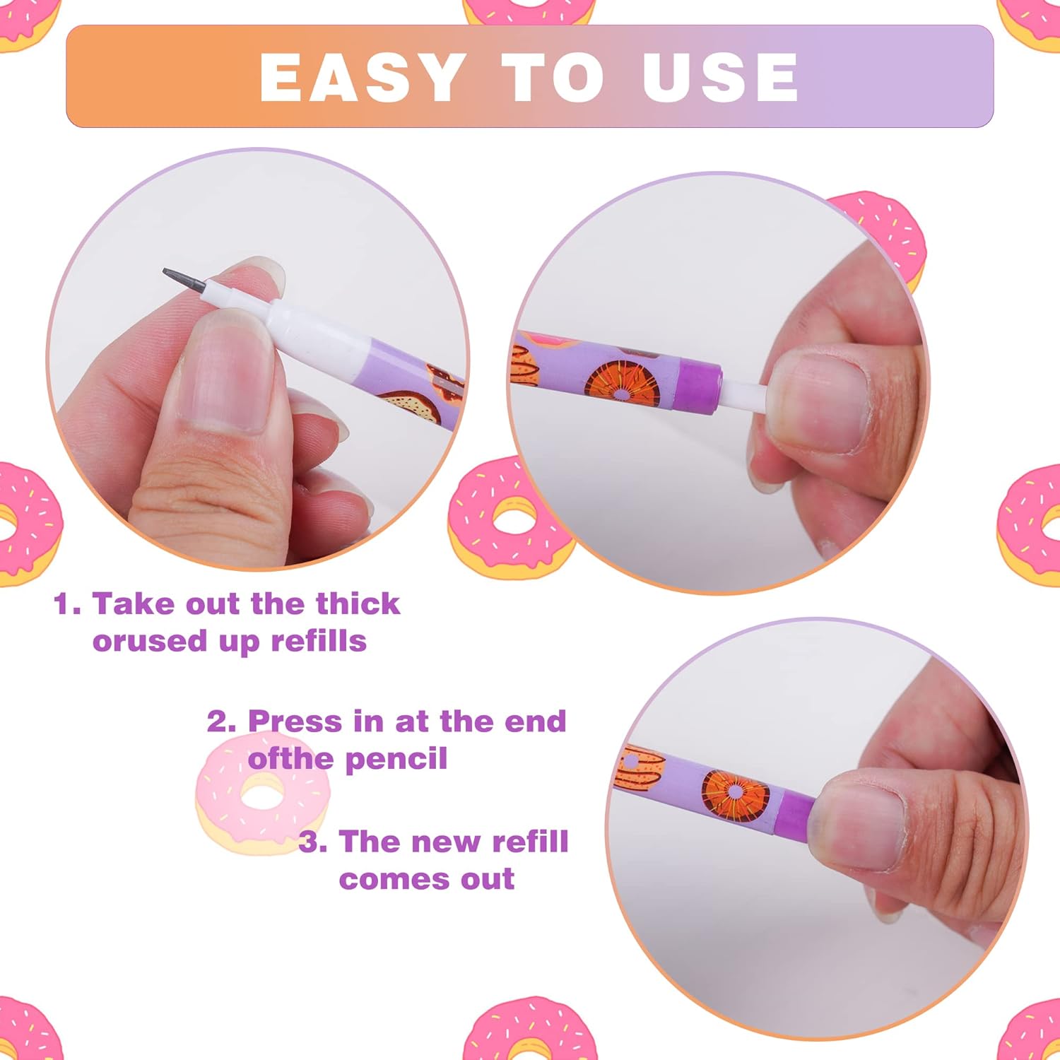 48 count HB Donuts Themed Translucent Pencil Fun Multipoint Pencil Multicolor Non Sharpening Stackable Pencils Pop Up Plastic Pencils for Classroom Rewards Carnival Prizes