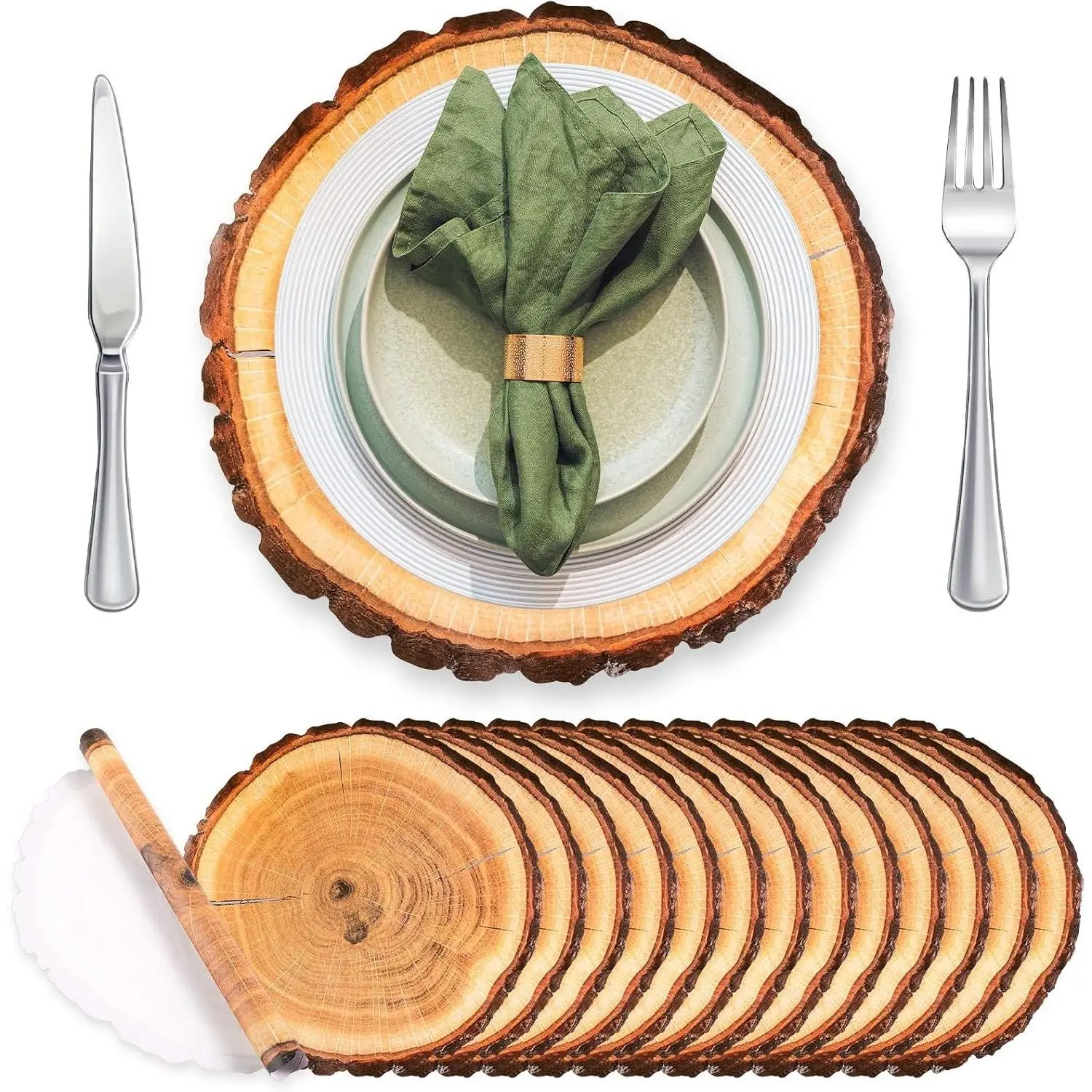 100 Pcs Disposable Wood Slice Grain Paper Placemats Bulk | Rustic Round Charger Plate Mats, 11.8 Inch, for Farmhouse Birthday Wedding Dinner Baby Shower Hawaii PartyGift