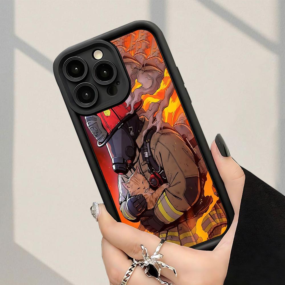 Phone case: Firefighters And Kittens Pattern Fashionable and Popular Shock-Proof Anti-Fingerprint Full Coverage Thick Protective Phone Soft Case Compatible with iPhone 17 E Air Pro ProMax iPhone16 15 14 Plus 13 12 Mini 11 X XS XR