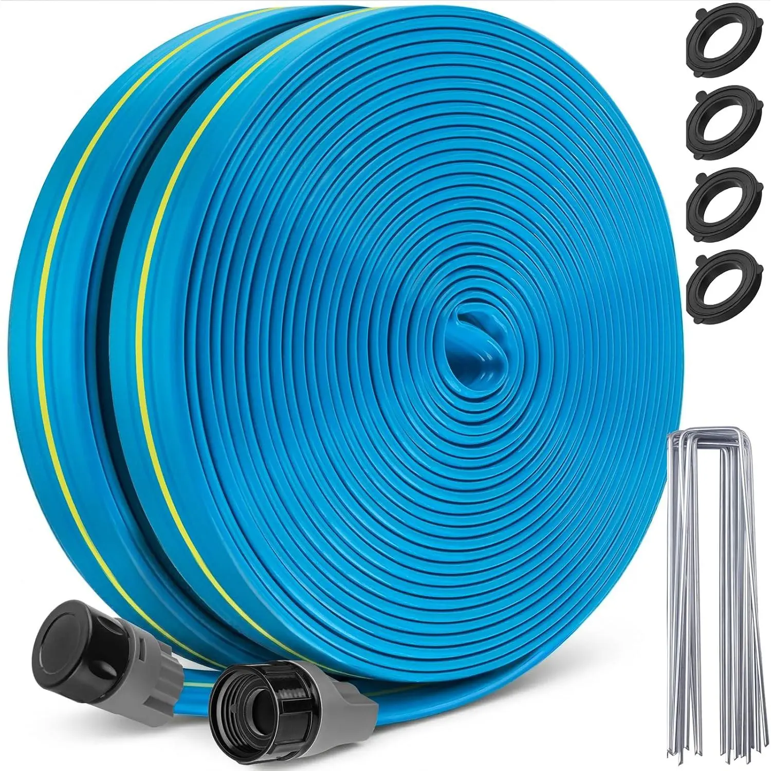 Upgrade Flat Sprinkler Soaker Hose for Garden 50FT, Heavy Duty 3-Tube Lawn Irrigation Hose with Landscape Stakes, No-Kink Flexible Watering Hose for Yard,