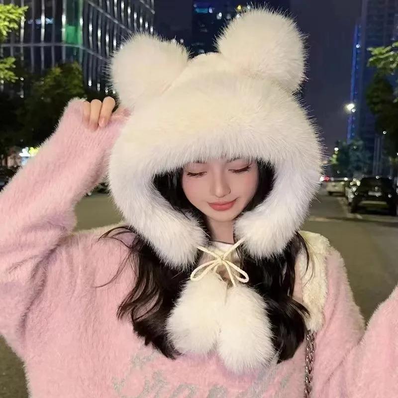 Winter  New Women's Plush Cute Bear Ear Hat ,Thicken and Warm Ear Protection Wind and Snow Hat  Plush Little Bear Lei Feng Hat