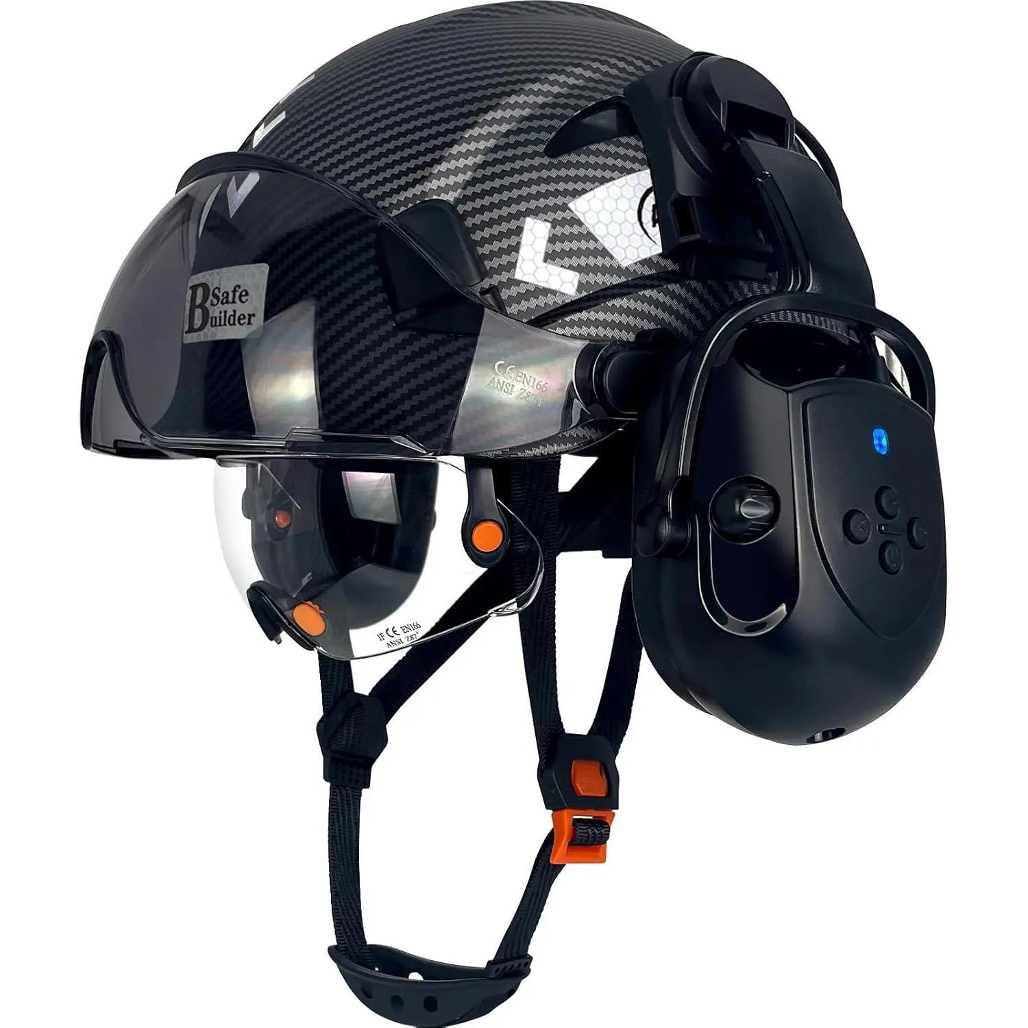 Adult Unisex Hard Hat - Full Brim 4-in-1 Work Helmet with Bluetooth Earmuffs, Flip-Up Visor, Vented HDPE Shell, 6-Point Ratchet Suspension, Sweatband, Chin Strap, Reflective Strips, Lightweight, Outdoor Jobsite & Sport Casual Ready