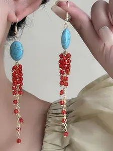 Blue Colorblock Fringe Stud Earrings, Ethnic Retro Long Earrings, Versatile Commuter Unique Design, Vacation Photo Accessory, Simple Elegant Daily Wear Jewelry
