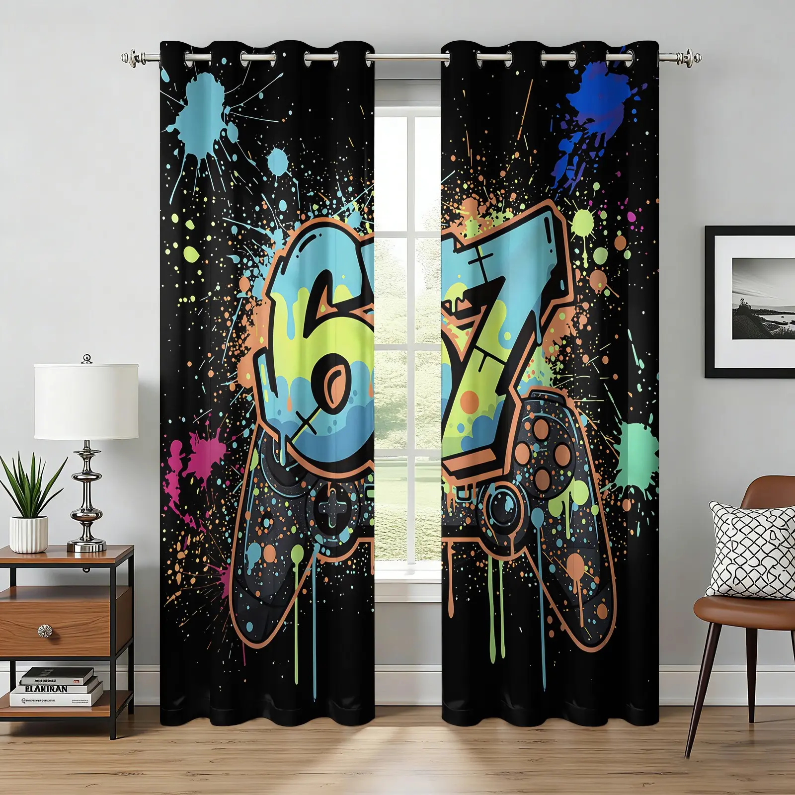 2 Panels Graffiti Game Controller Curtains, Color Splash 67 Number Printed Curtains, Street Hip Hop, Gamer Retro, Blackout Window Treatments with Grommet Top, For Teen Boys Bedroom & Game Room, Gift for Streetwear Enthusiast