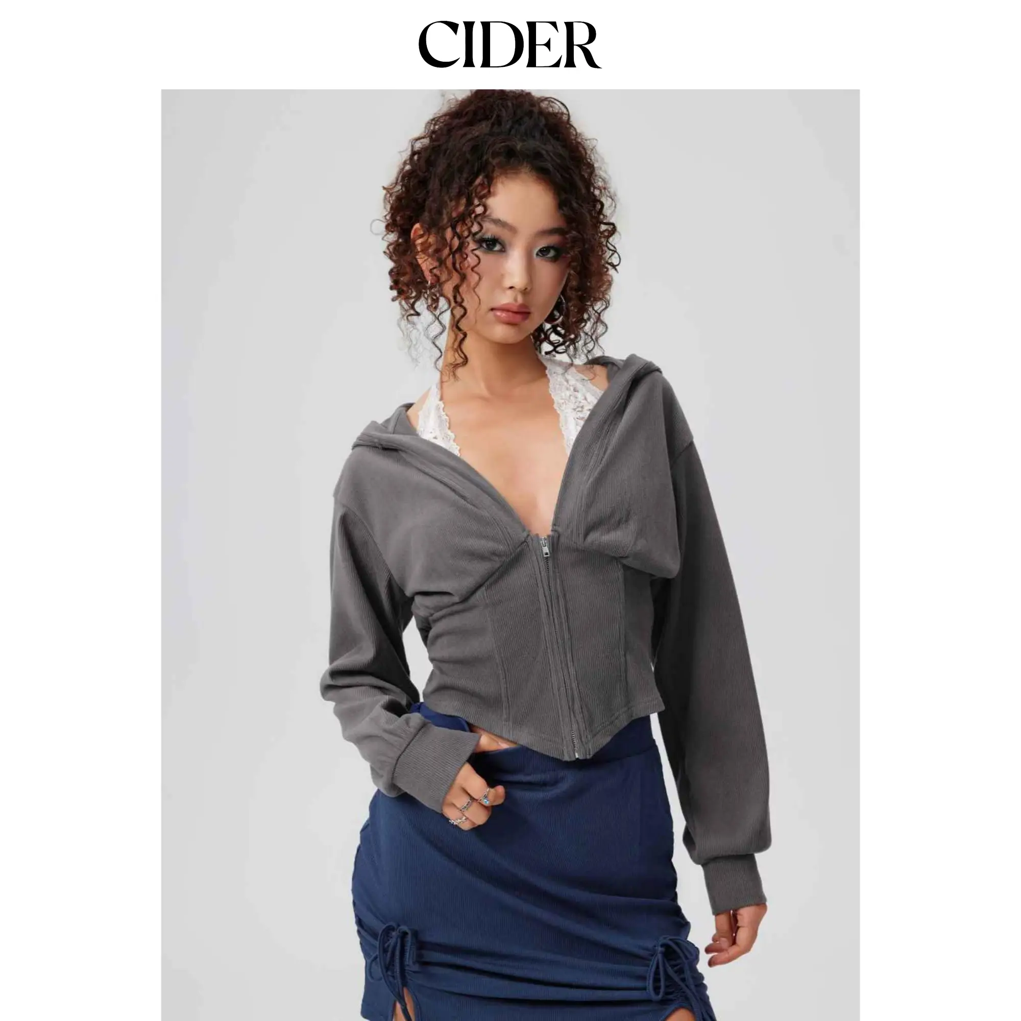 Cider Fake 2-Piece Rib Lace Halter Hoodie SohoChic