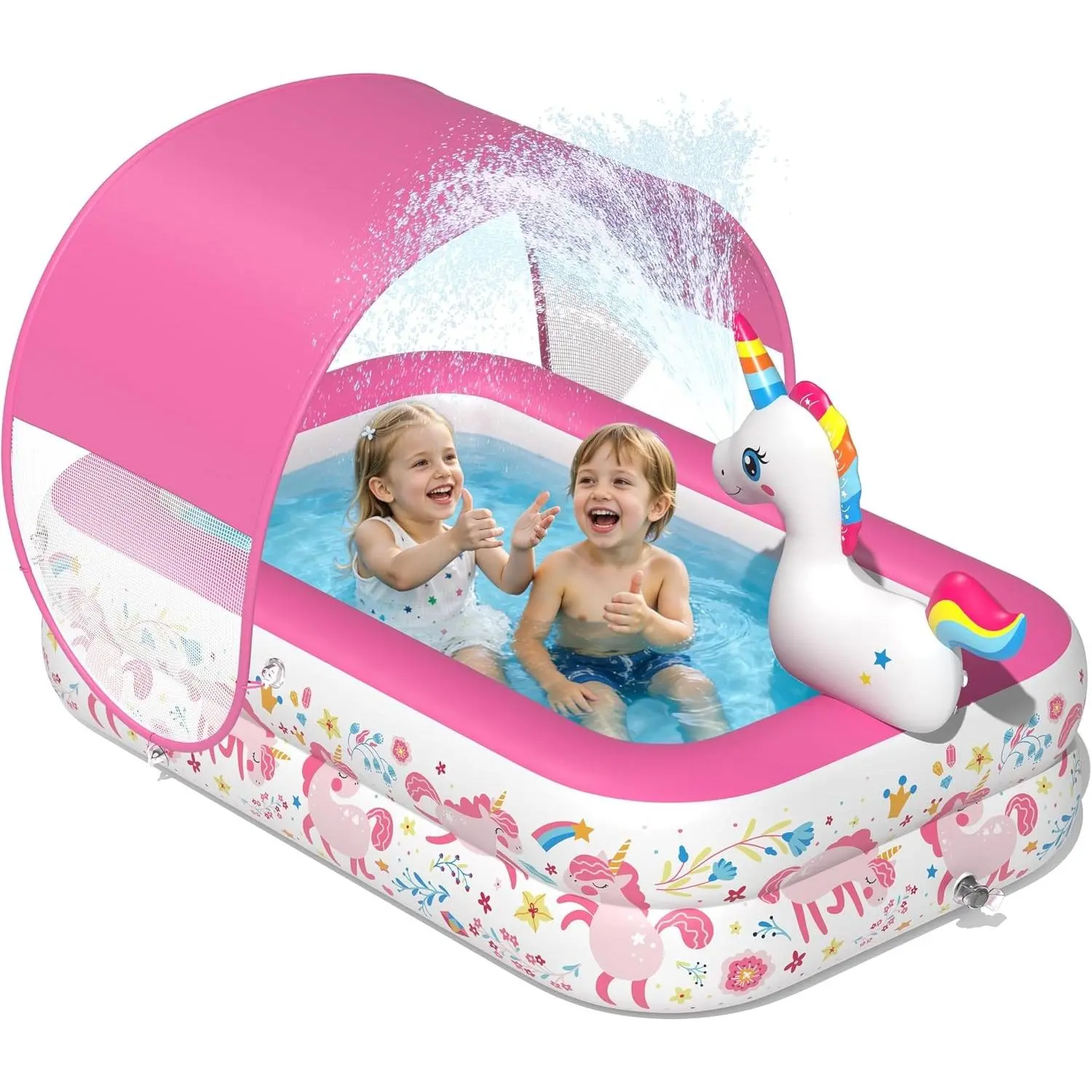 Unicorn Kiddie Pool with Canopy and Sprinkler, Inflatable Baby Pool with Soft Cushioned Floor, Portable Toddler Pool Ball Pit for Backyard, Outdoor/Indoor Play Toys Girls Birthday Gift(Pink)