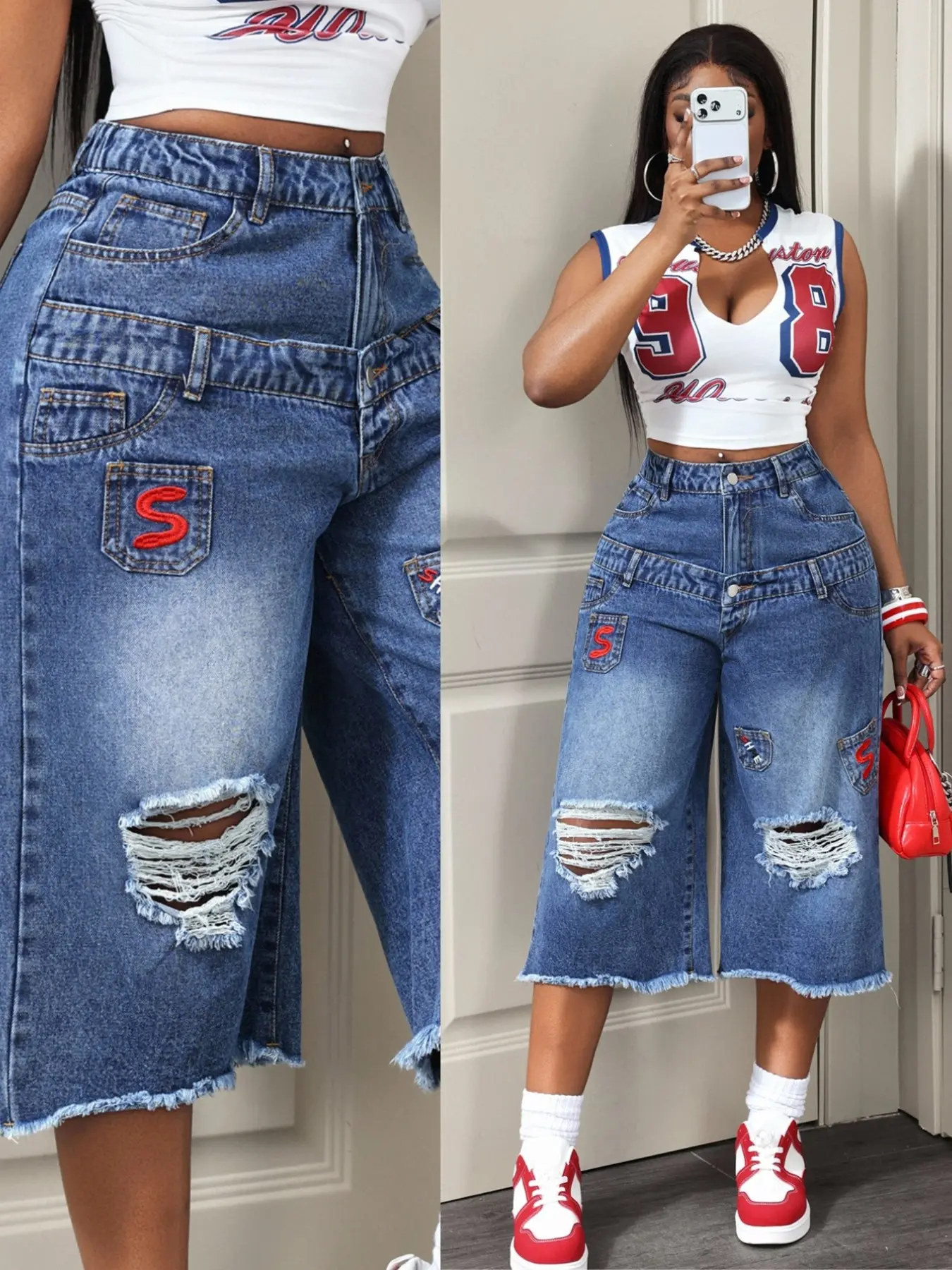 Women's Letter Embroidery Ripped Denim Capri Pants, Straight Leg Double Waistband Jeans, Frayed Hem Multi Pocket Spring Summer Casual Bottom