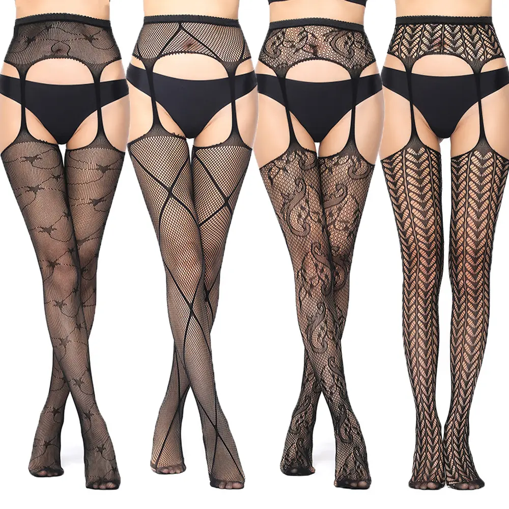 Women's Suspender-Style Patterned Fishnet Tights - Satin Plain Stretchy Sheer Hosiery for Clubwear, Daily Street Style Outfits