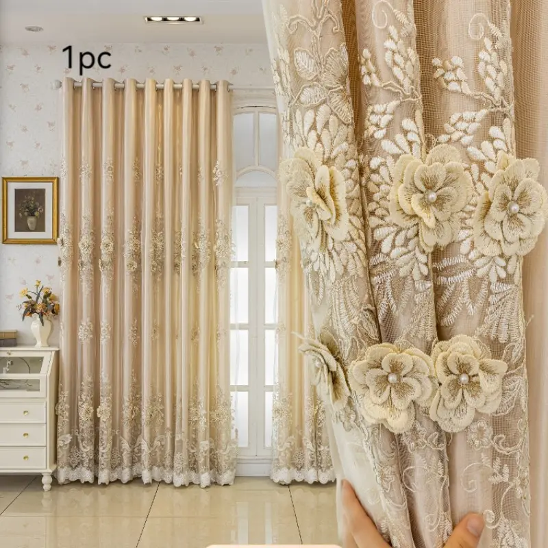 1 pc (high-end embroidered double-layer finished curtain) blackout curtain, suitable for French, American, Chinese, neo-Chinese and European styles, applicable for living room, bedroom, balcony, and versatile for both home use and Work From Home scenarios