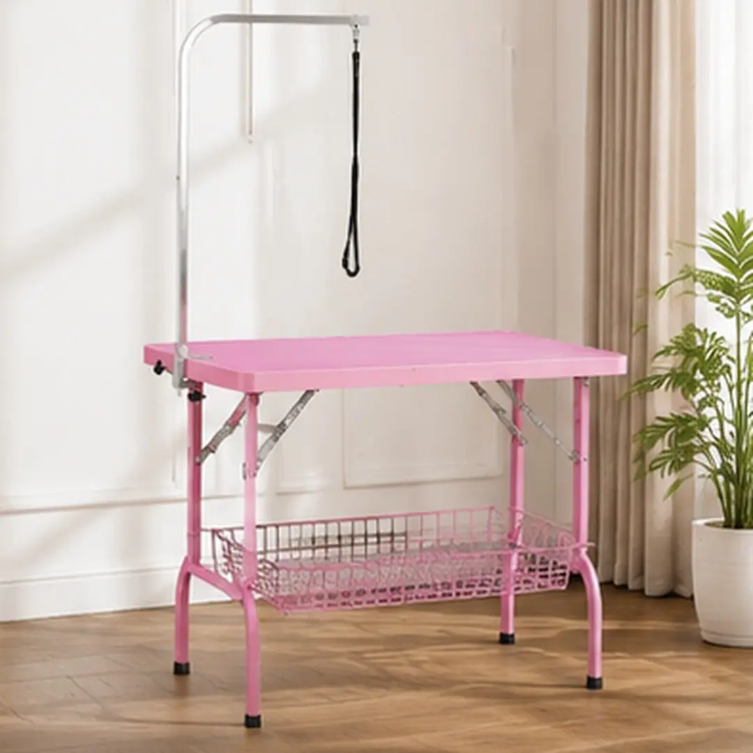 ARCH 36-Inch Folding Dog Cat Pet Grooming Table with Stainless Steel Frame, Rubber Mat, Adjustable Arm, Clamps, and Storage Basket, Portable Foldable Grooming Station for Home Salon Use, Pink, Pink Color Options, Stainless Steel Material