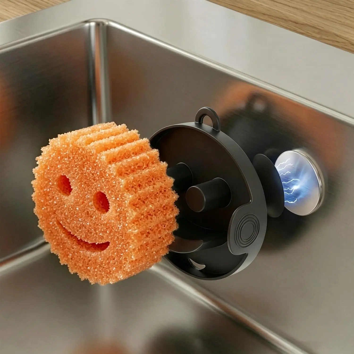 Sponge Holder for Kitchen Sink, Black | Fits smiley  sponges, 2-in-1  self-draining handle, -drying   with 2 adhesive  plates