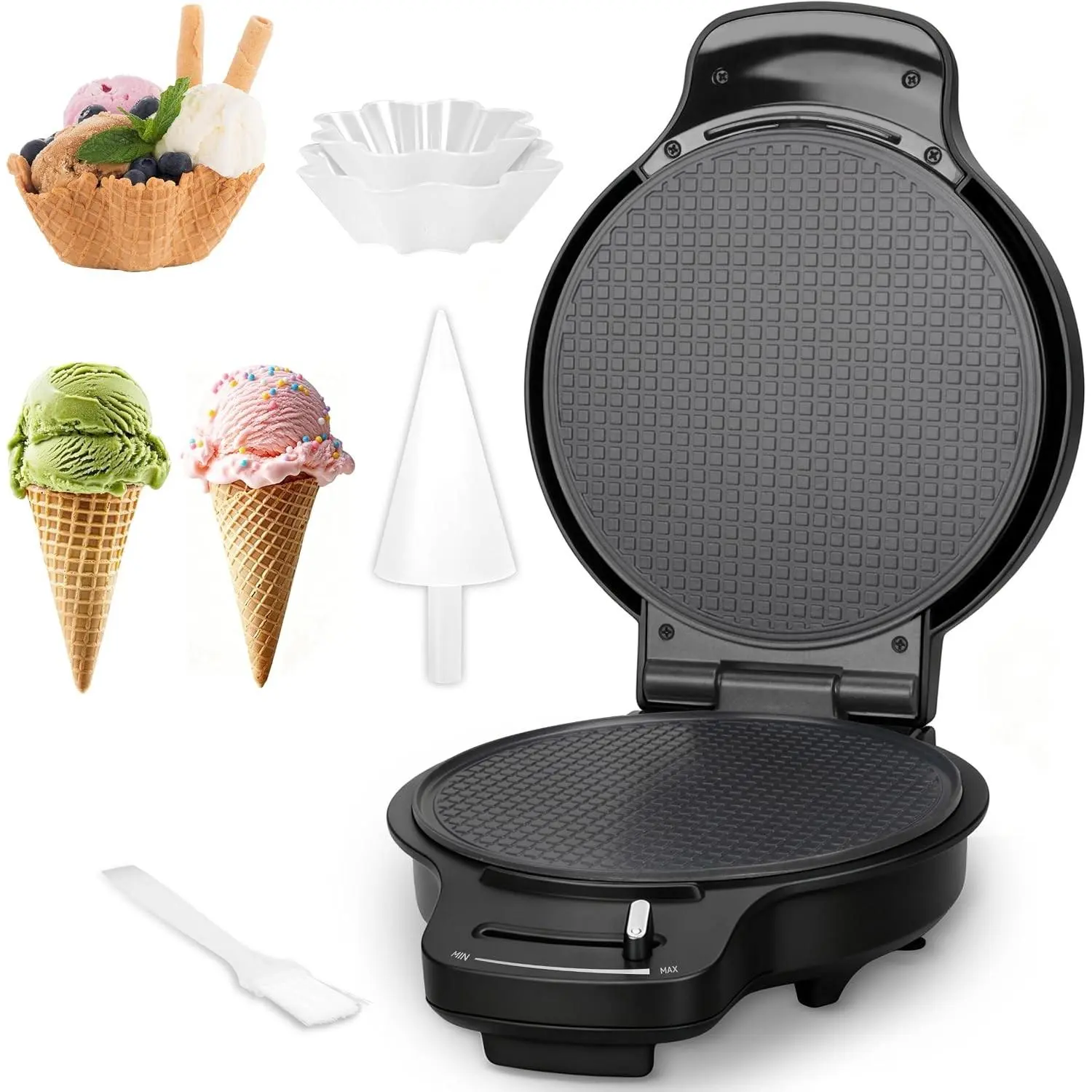 Waffle Cone Maker Machine with Browning Control, 7.5” Ice Cream Cone Maker, Cone Roller & Bowl Press Included, Thin Waffle Maker Crispy, Nonstick Waffle Bowl Maker, Graphite