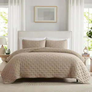Beige Cloud Queen Size Set, Tan Lightweight Farmhouse Bedspread, Rustic Coverlet, Taupe Camel Soft Bedding, Thin Comforter for son - 3 Pieces, 90x90 inches