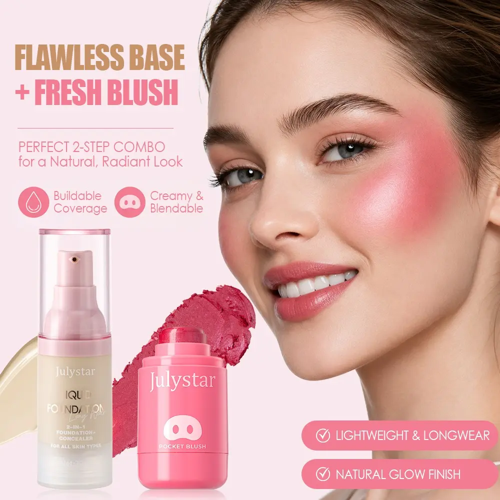 Julystar 2pcs Foundation Cream Blush Set, 5 Shades, Lightweight Long-Wear, Buildable Coverage, Glowy Base, Pocket Cream Blush, 2026 New