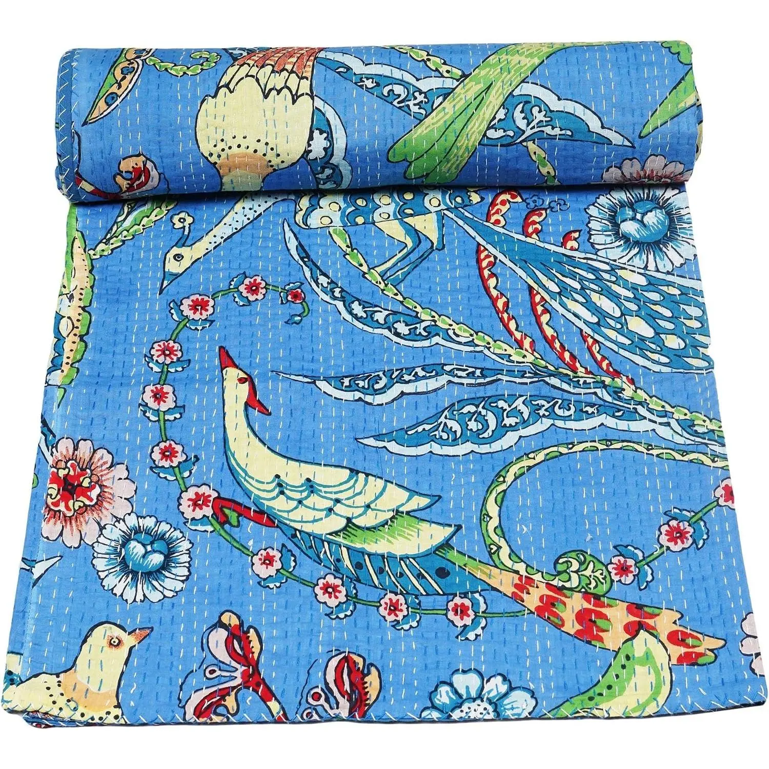 Indian Handmade Traditional Unique Print Kantha Quilt Throw Blanket Bedspread, Hand Stitched with Love, Royal Blue, Queen Size 90"x108"