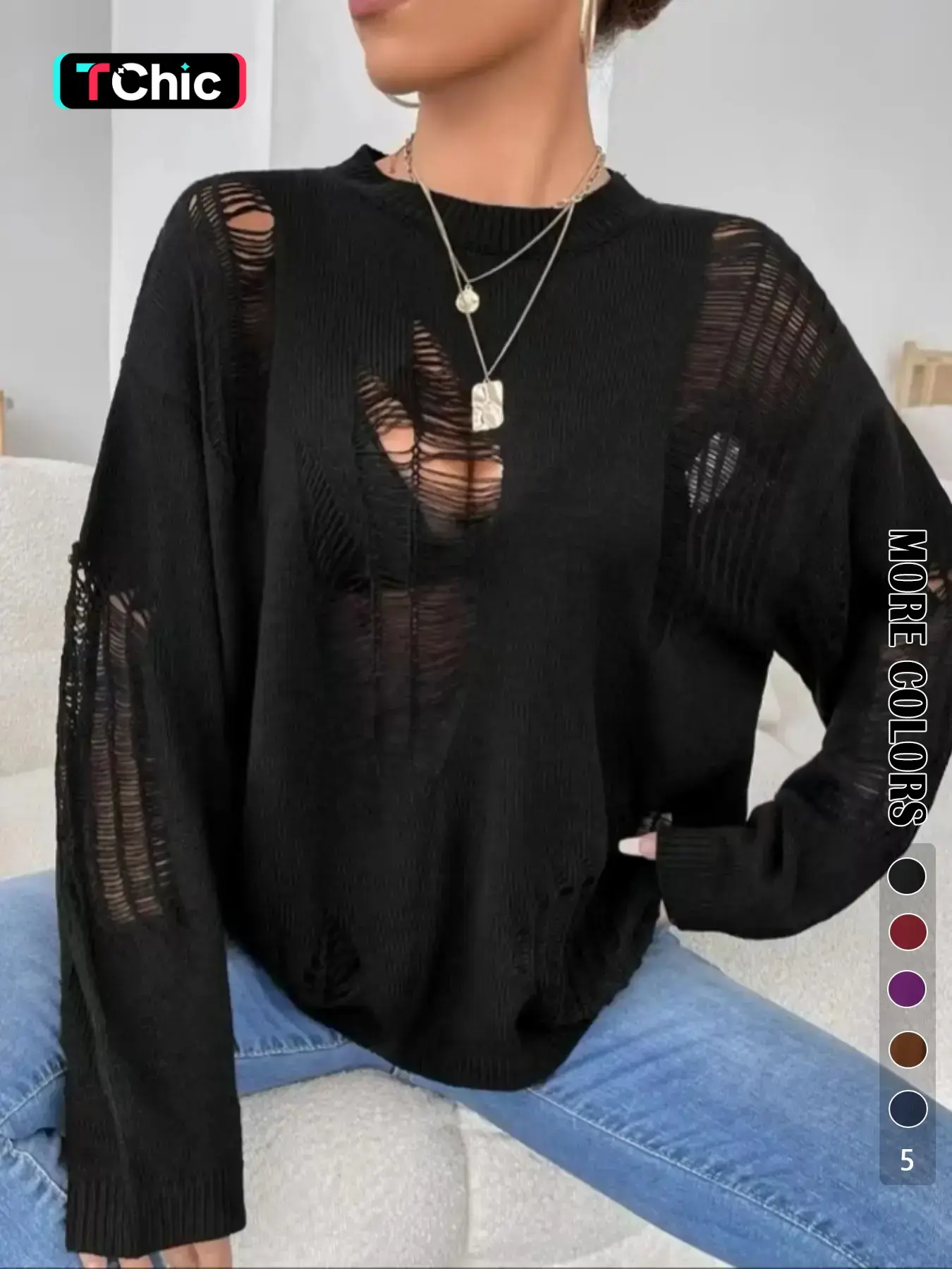 Women's Basic Minimalist Solid Color Ripped Drop Shoulder Sweater, Lady Soft Casual Comfort Lightweight Long Sleeve Round Neck Jumper for Fall, Women's Knitwear for Daily Wear, Womenswear Knitting Tops, Casual Fashion Knitwear
