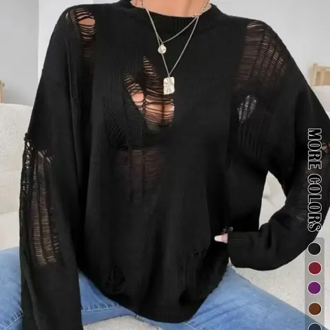 Women's Basic Minimalist Solid Color Ripped Drop Shoulder Sweater, Lady Soft Casual Comfort Lightweight Long Sleeve Round Neck Jumper for Fall, Women's Knitwear for Daily Wear, Womenswear Knitting Tops, Casual Fashion Knitwear