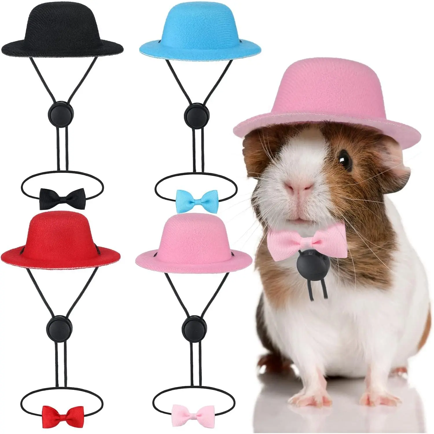 Small Pet Casual Cosplay Costume Wear Set Pack - 4 Sets (8Pcs) Black Hat & Bow Tie Suit for Guinea Pigs, Ferret, Hedgehog, Bearded Dragon for Fun Look