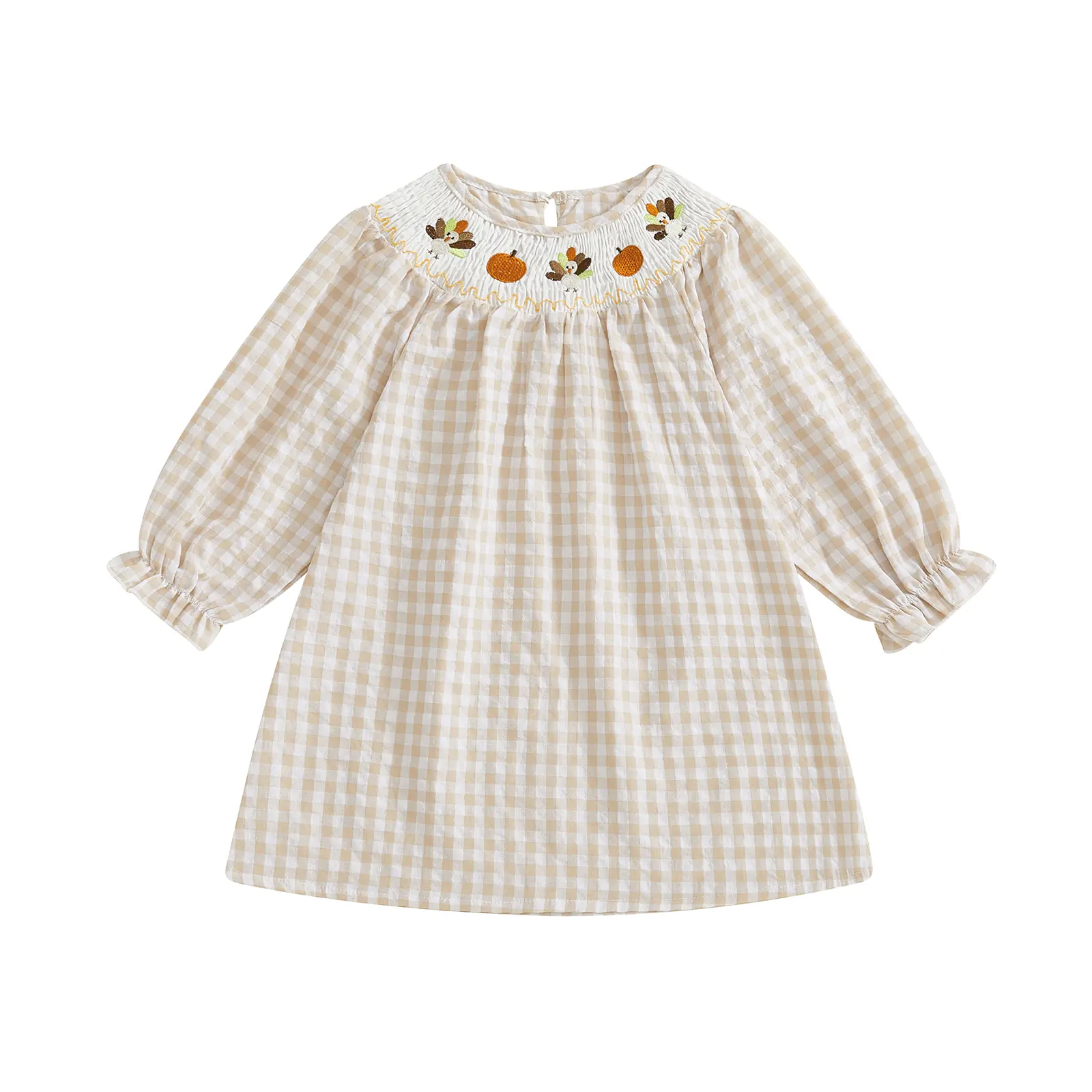 Toddler Baby Little Girls Plaid Dress Thanksgiving Turkey Embroidery Bubble Long Sleeve Smocked Dress Fall Winter 1-5 Years