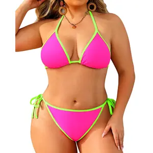 Tempt Me Women Plus Size Triangle Bikini Sets String Two Piece Halter Swimsuits with Tie Side Bottom  SwimWeek  summervibes