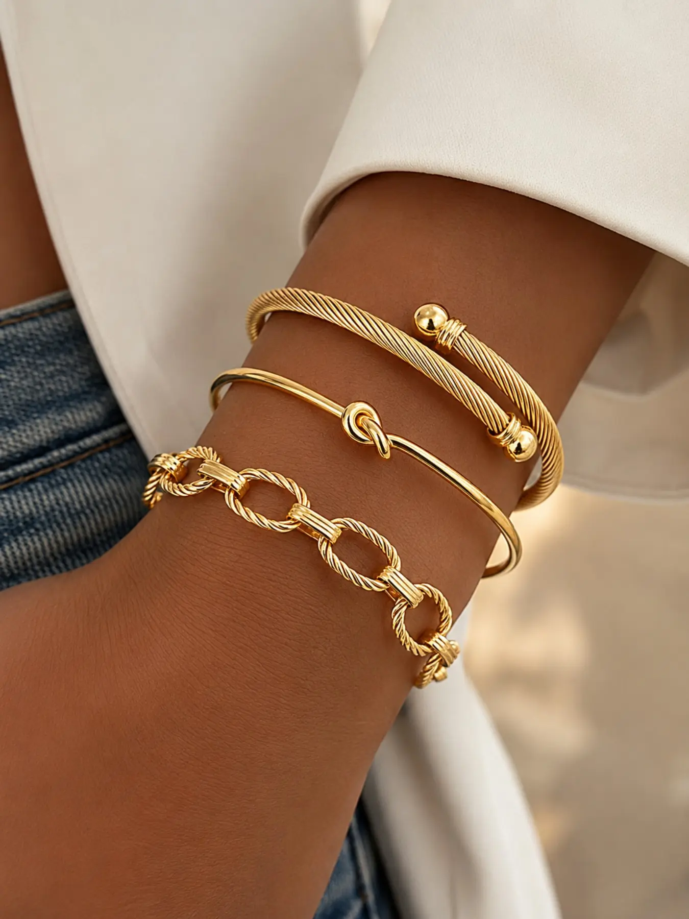 3PCS Gold Tone Stainless Steel Bracelet Set for Women, Stackable Twisted Cable Cuff, Love Knot Bangle and Textured Link Chain Bracelet, Trendy 2026 Jewelry for Back to School Campus Outfits, Holiday Gift
