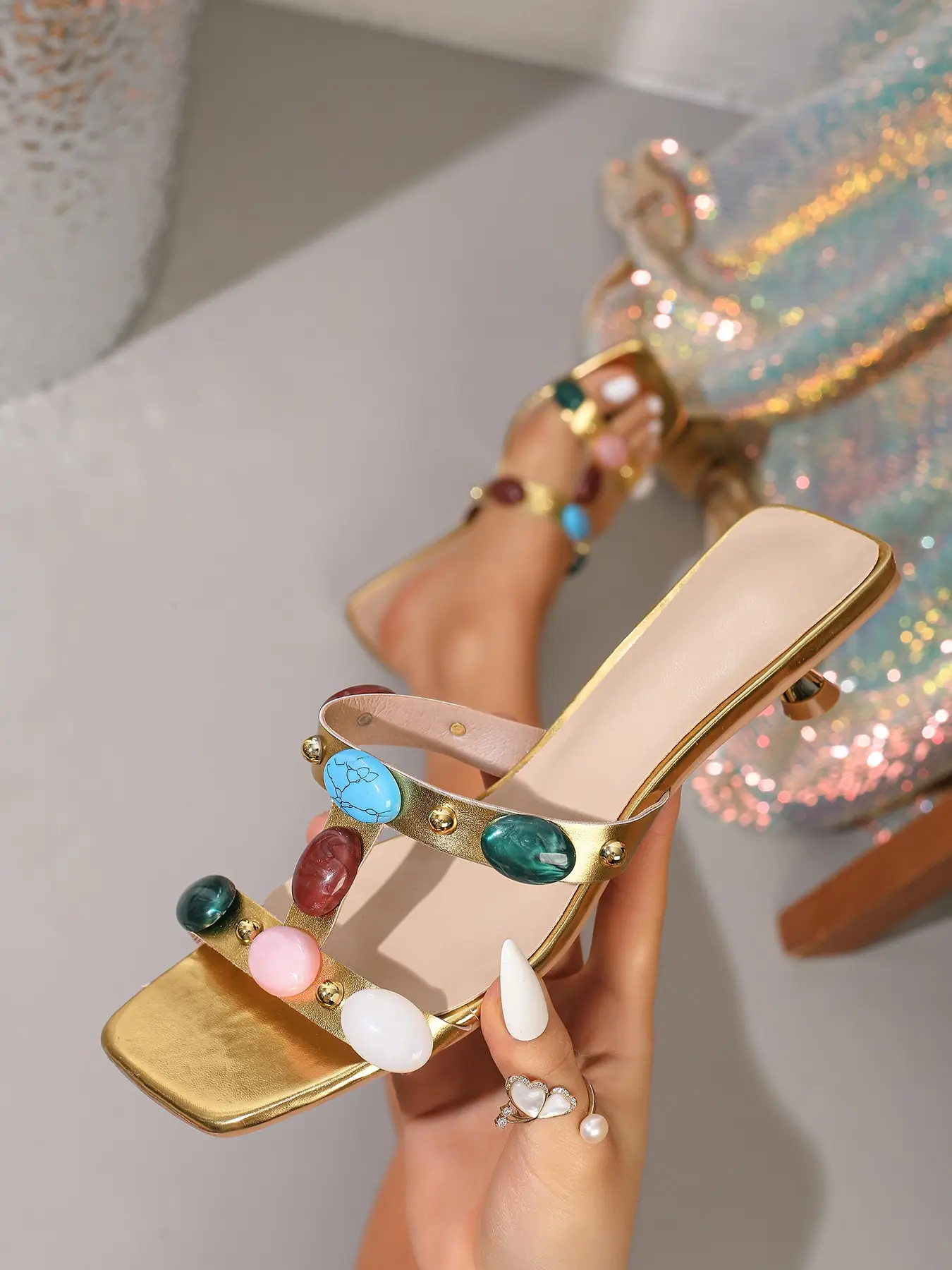 Square Toe Slippers for Women, Retro Vintage Bohemian Trendy Sandals, Low Heel Sandals, Fashionable Beach Shoes, Stylish Open-Toe Footwear, Summer Boho Shoes, Boho Shoes, Bohemian Trending Sandals