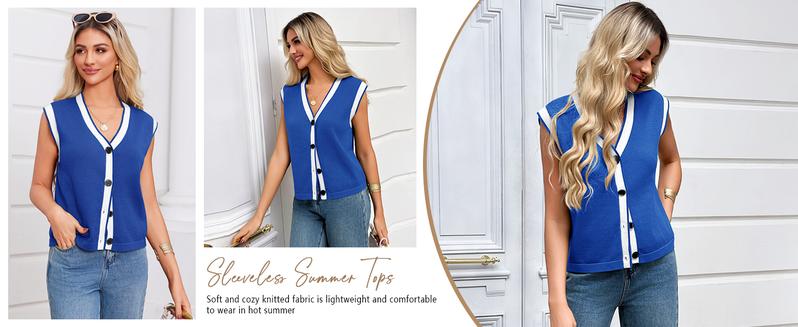Goranbon Womens V Neck Sweater Vest Button Down Cap Sleeve Summer Trendy Color Block Loose Knit Tank Tops