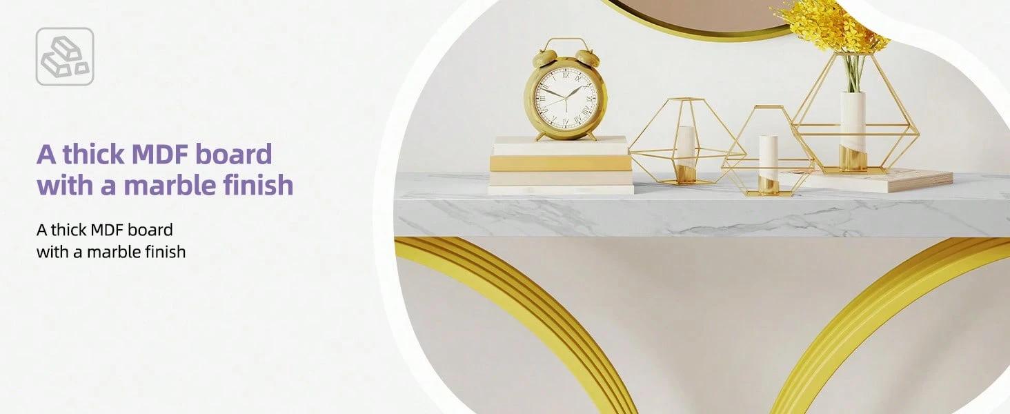 Modern  & Entryway Table - White And Gold, Rectangular With Faux Marble Top & Metal Frame, Thickened MDF Top (Water/Scratch-Resistant, Easy Clean), C-Shaped Sturdy Legs, Anti-Scratch Foot Pads, Adjustable Feet