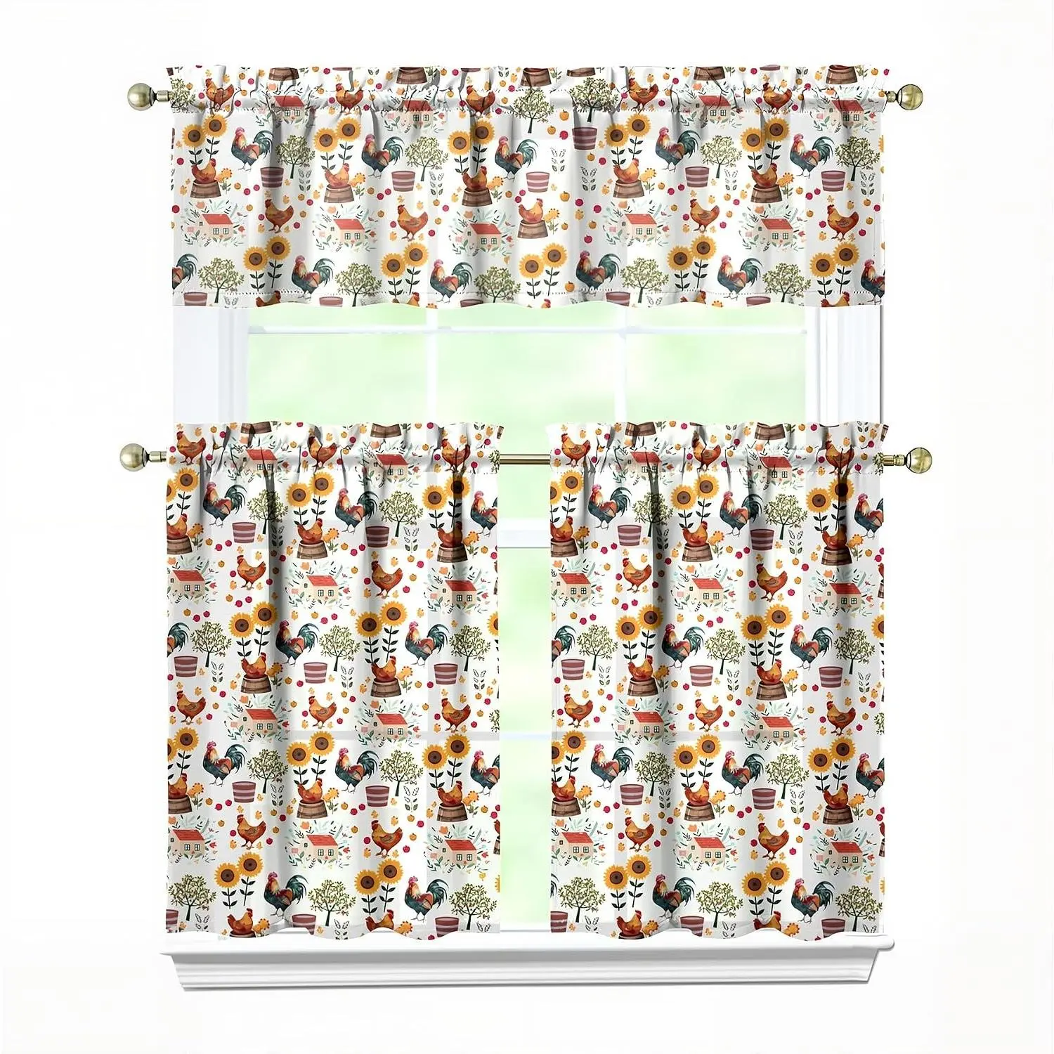 3 Piece Chicken Kitchen Curtains and Valances Set for Windows Rooster Kitchen Window Curtains Over Sink Decor 27.5x36 in