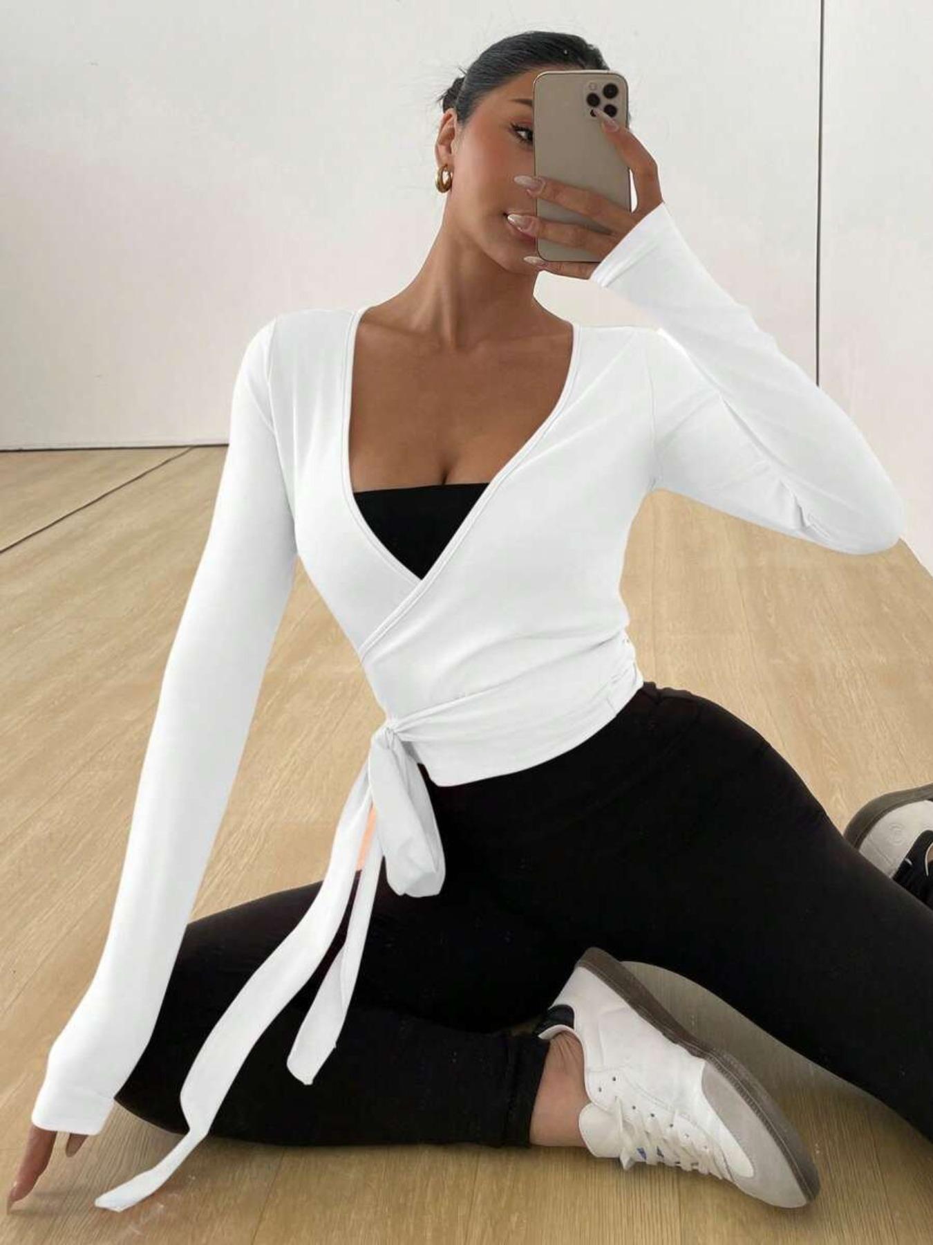Women's Spring Summer Knitted Plain Elastic Soft Front Tie V Neck Bodycon Long Sleeve Short Tight T-Shirt, Casual Fashion All Seasons Top, Basic