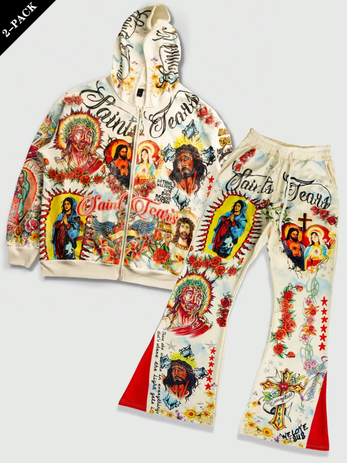 [Two-Piece Set, Sweat Set] Streetwear Brand Saint Tears Vintage Jesus and Virgin Mary Portrait Cross Floral Full Print Zipper Cardigan Hoodie with Flared Wide-Leg Pants with Elastic Waist and Drawstring, Unisex Style, Casual Trendy Outfit