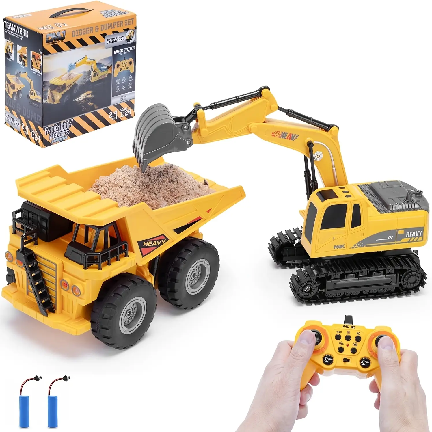 Kids' 2.4G Dual Mode Remote Control Construction Vehicle Toy Kit - 680-Degree Rotatable Excavator, Dump Truck, Light & Music, Auto Demo Function, Includes Cells, Mini Digger Play Set