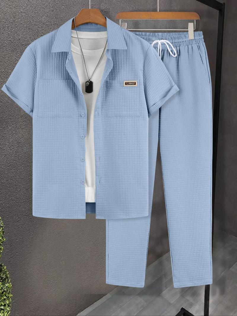 Men's Solid Button Front Shirt & Drawstring Waist Pants Set without Inner Top, Regular Fit Casual Short Sleeve Collared Top & Pocket Trousers, Men's Summer Clothes, Matching Clothing Set