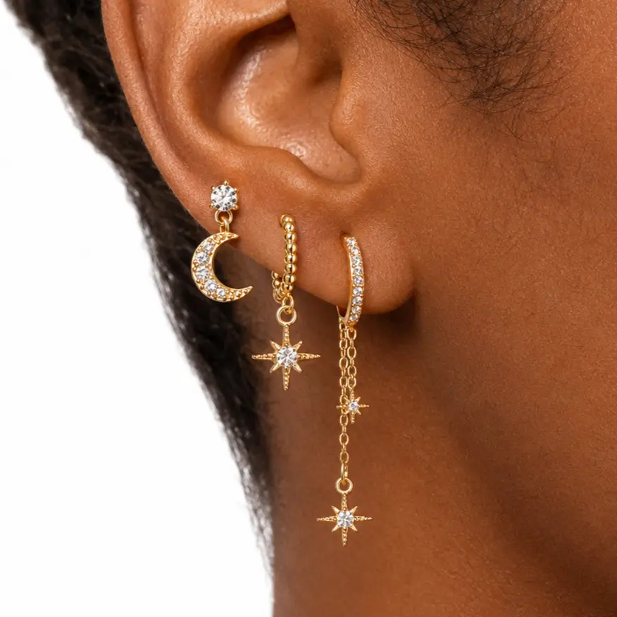 14K Gold Plated Copper Star Moon 3-Pairs Earring Set, Cubic Zirconia Crescent Moon Studs, Beaded Hoops with Star Charm, Layered Chain Dangle Earrings for Helix Lobe Cartilage Piercing