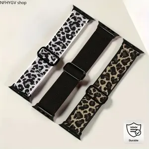 Smartwatch Straps Elastic Nylon Solo Loop Replacement Bands, 3-Pack Adjustable Multipack Wearable Accessories Fit 38–49mm With Leopard And Solid Colors, Stretchy Skin-Friendly Gear For Daily Sports Training And Casual Fitness Outfit Matching