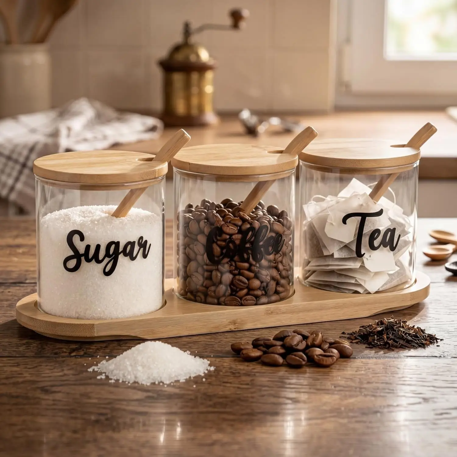 3 Pack Coffee Sugar Tea Container Set Glass Jars with Bamboo Tray Decorative Container with Lid and Spoon Clear Condiment Jars Storage for Coffee Bar Drink Station Countertop Home Decor(M)