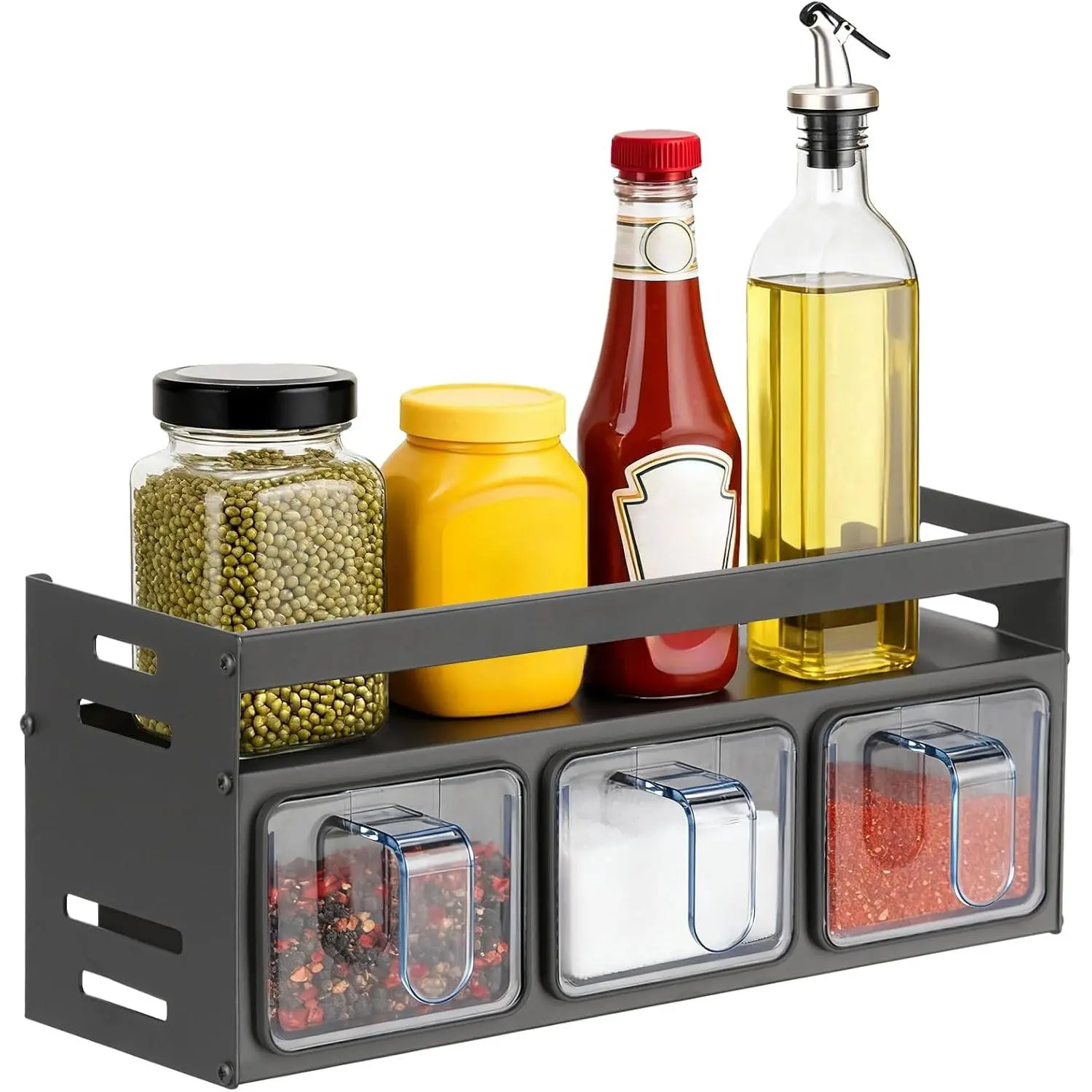 Kitchen  Rack, Kitchen Organizer and Storage Rack with 3 Spoons,  Organization for Cabinets Punch-free Wall/Countertop  Decor Multifunctional Double Layer 3 Grid Condiment Rack, Gray