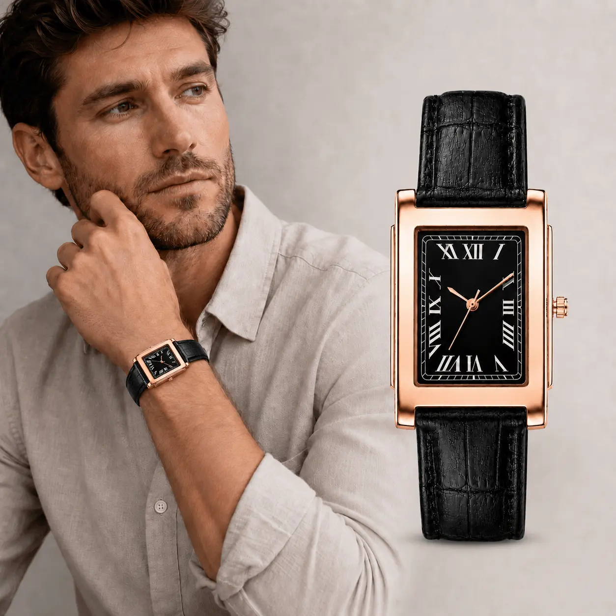 Men's Classic Rectangle Quartz Watch - Roman Numeral Display, Business-Casual Wristwatch, Ideal Birthday or Father's Day Gift, Watches