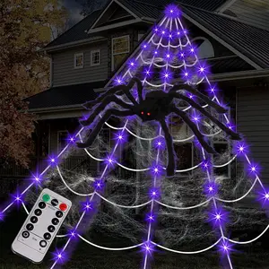 Halloween Spider Web Outdoor Decorations Lights, 125 Purple LED 16.4Ft Giant Spiderweb, 60" Large Spider, 22 Small Spiders, 20g Stretch Cobweb, 8 Lighting Modes Lighted Decor for Yard Outside